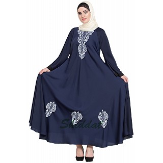 Embroidered Umbrella cut Nida abaya- Navy blue-White